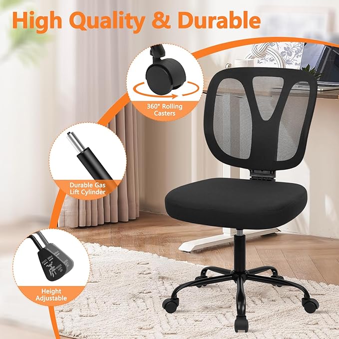 CLATINA Armless Home Office Chair, 360° Swivel Rolling Desk Chair with Lumbar Support and Wheels, Adjustable Height Mesh Back Small Ergonomic Computer Task Chair for Conference Waiting, Black