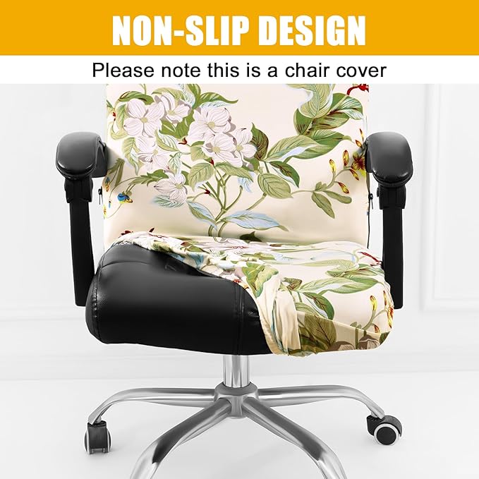 Smiry Stretch Printed Office Computer Chair Covers, Universal Desk Rotating Chair Slipcovers Removable Washable, Soft Fit Anti-Dust Spandex Protector Cover with Zipper, Beige and Green
