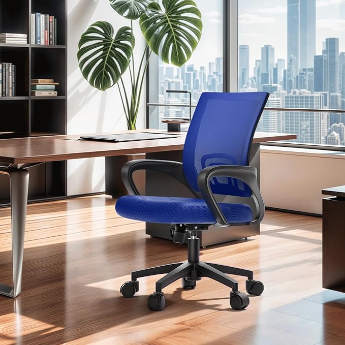 MoNiBloom Mesh Office Chair, Ergonomic Computer Chair for Adults, Rolling Swivel Mid-Back Desk Chair with Lumbar Support, Comfy Armrest for Home Office, Gaming, Blue