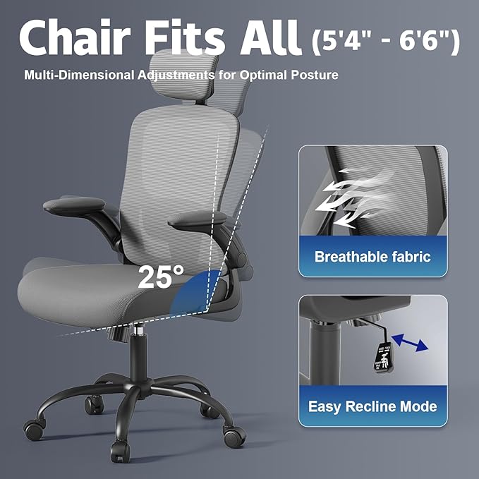 Ergonomic Office Chair - Adjustable Lumbar Support and Headrest, High Back Desk Chair with Flip-Up Arms for Home Office, 90-120° Tilt & Swivel Rolling Task Chair (Grey6076)