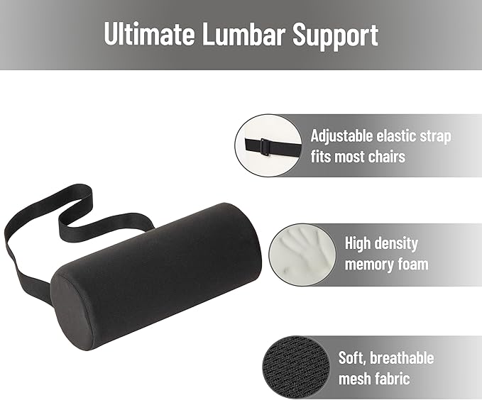 Mind Reader Lumbar Roll Pillow with Air-Cloud Memory Foam, Back, Waist & Hip Support, Breathable Cover & Adjustable Strap, Black