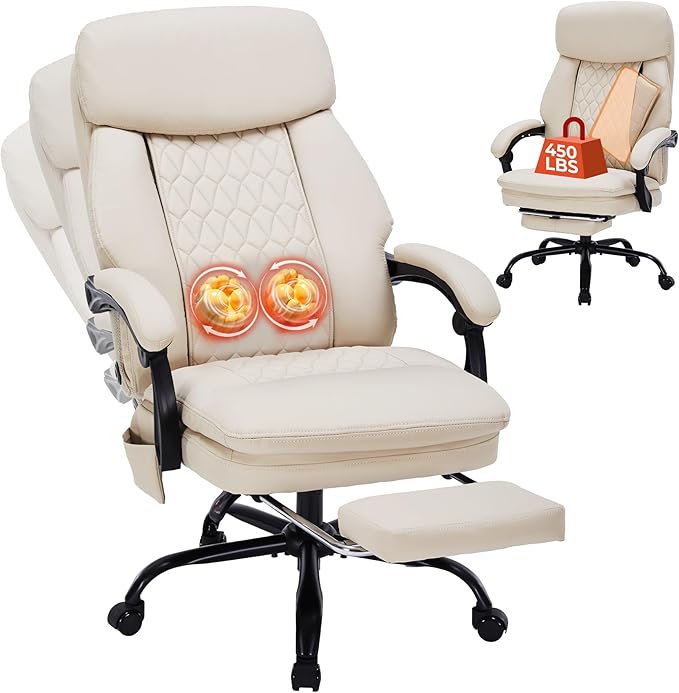 Kneading Massage Office Chair with Foot Rest,16 Nodes Shiatsu Massage Reclining Office Chairs,450lbs Home Office Desk Chair for Heavy People,Ergonomic Desk Chairs with Extra Cushion Pillow(Cream)