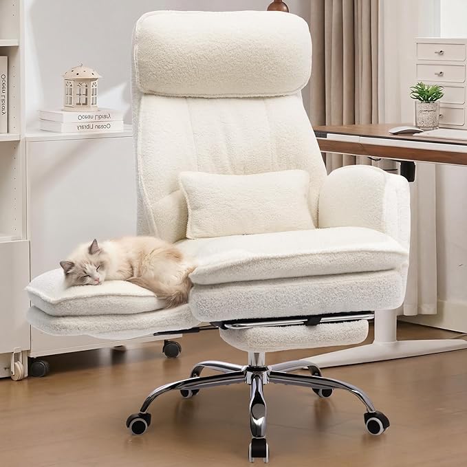 Big and Tall Office Chair with Flip Armrests, Cross Legged Office Chair with Storage Pockets, Comfortable Reclining Computer Chair with Foot Rest, Wide Home Desk Chair, Teddy Fleece