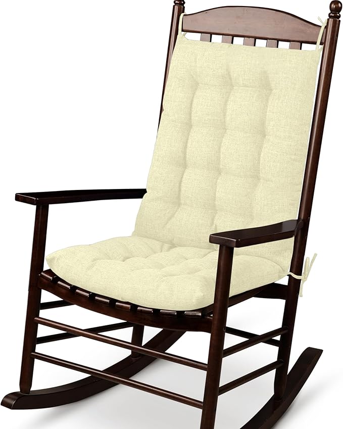 ELFJOY Rocking Chair Cushion Large Rocking Chair Pads with Ties Premium Linen High Back and Seat Cushion 2 Piece Set Linen White