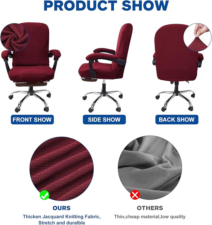 NeColorLife Office Chair Cover,Computer Seat Cover with Armrest Covers, Stretchable Jacquard Desk Chair Slipcover for High-Back Rotating (Large Size,Wine Red)