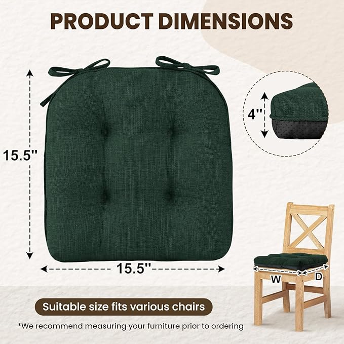 downluxe Indoor Chair Cushions for Dining Chairs, Tufted Overstuffed Textured Kitchen Chair Pads with Ties and Non-Slip Backing, 15.5" x 15.5" x 4", Dark Green, 4 Pack