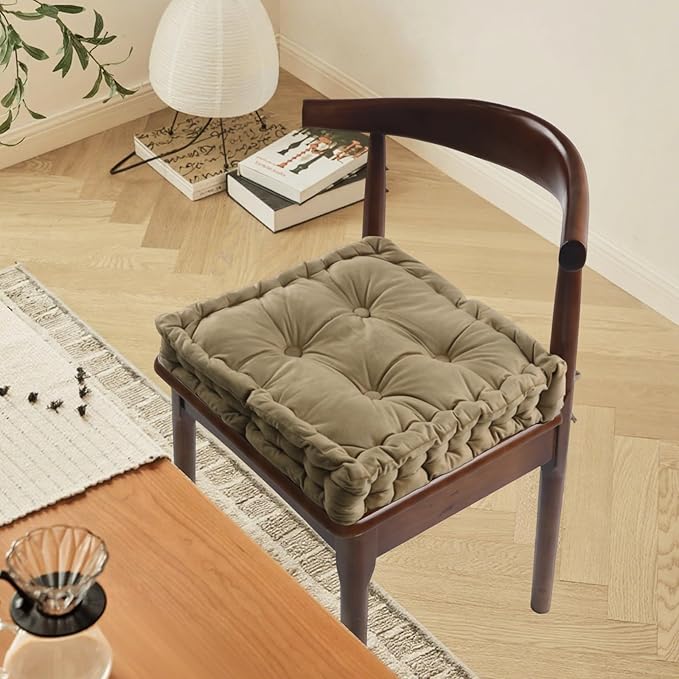 vctops Chair Cushion for Dining Chair, Soft Velvet Square Seat Cushion with Ties Cozy Indoor Chair Pad Cushion for Office Kitchen Dining Room (Khaki,16"x16")