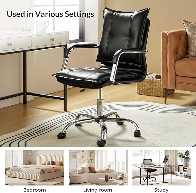 HULALA HOME Faux Leather Home Office Desk Chair, Adjustable Swivel Computer Chair with Sliver Legs and Arms, Comfy Upholstered Task Chair(Black)