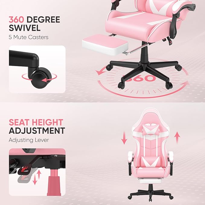 Soontrans Pink Gaming Chairs with Bunny Ears, Footrest,Ergonomic Home Office Desk Pink Chair,Lovely PC Computer Game Chair with Headrest and Lumbar Support Gamer Chair for Girls