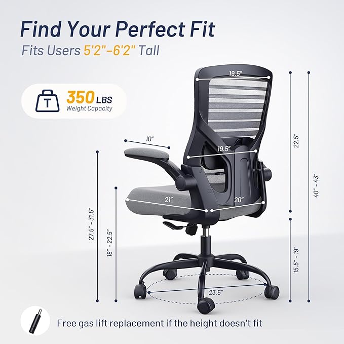 Office Desk Chair for Long Hours & Back Pain Relief – 4“ Thick Molded Foam Cushion, Enhanced Lumbar Support, Padded Flip-up Armrests, Ideal for Office or Study, Dark Gray
