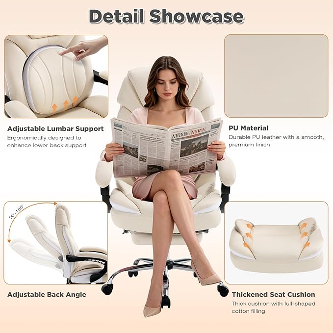 Ergonomic Fully Reclining Office Chairs with Back Support Footrest, Big and Tall Comfortable Recliner Office Desk Chair Computer Gaming Chair, Cream Beige