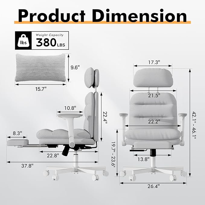 GXJ Criss Cross Chair with Flip-up Arms, Executive Office Chair with Foot Rest, Cross Legged Office Chair G800 Plus, Extra Lumbar Pillow, Corduroy Comfy Computer Desk Chair for Home, Grey