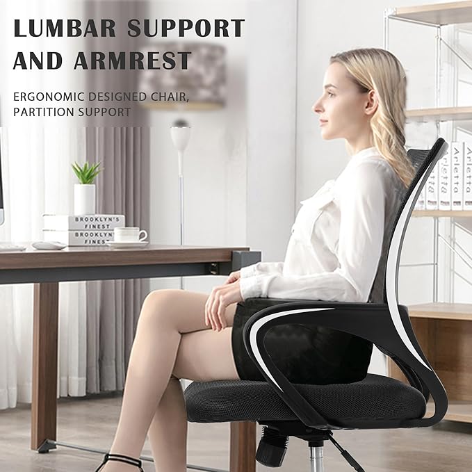 MKDLUFEI Modern Black Office Chair, Ergonomic Mesh Back with Lumbar Support, Adjustable Height, Breathable Mesh, 250 lbs Capacity