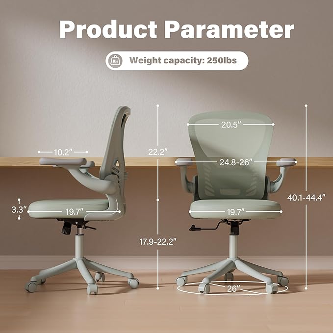 GYI Ergonomic Office Chair, Mesh Desk Chair with Adjustable Lumbar Support and 3D Flip-up Arms, Computer Chair with Wheels, All Grey