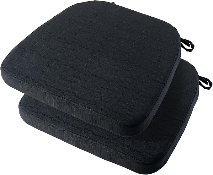 Battilo Chair Cushions for Dining Chairs with Ties, Indoor/Outdoor Kitchen Chair Pad with Non-Slip Backing, Dining Seat Cushion with Machine Washable Removable Cover, 16"x16"x2", Set of 2, Black