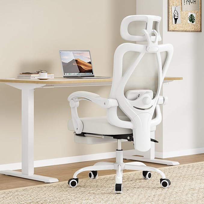 Farini Office Chair with Footrest, Ergonomic Mesh Office Chair with Headrest, High Back Desk Chair with Lumbar Support, Swivel Computer Chair for Office Study Room, White and Beige