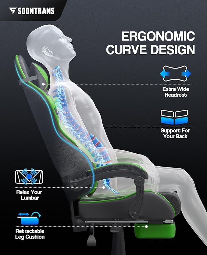 Soontrans Green Gaming Chair with Footrest,Racing Gaming Chair,Computer Gamer Chair,Ergonomic Game Chair with Adjustable Headrest and Lumbar Support(Jungle Green)