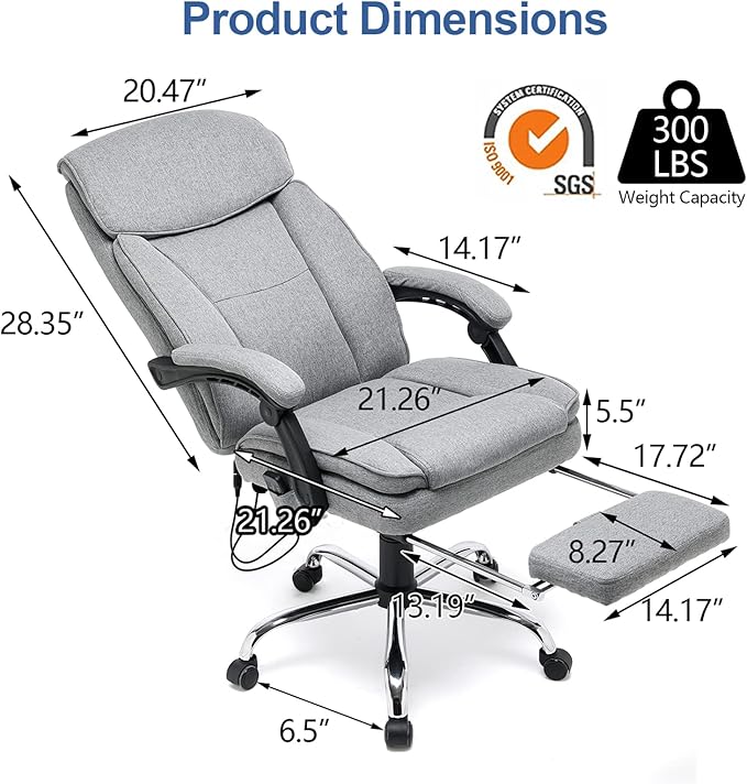HOMREST Reclining Office Chair with 4-Point Massage, Breathable Fabric Executive Chair with Retractable Footrest, Ergonomic Computer Chair with High Back, Reclining Gaming Chair for Home, Light Grey
