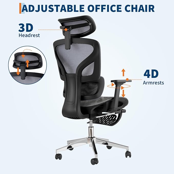 Ergonomic Office Chair with Breathable Mesh Back, High Back Support, 3D Adjustable Armrests, Smooth Rolling Wheels, and Foot Pad – Comfortable Desk Chair for Work, Study, or Gaming