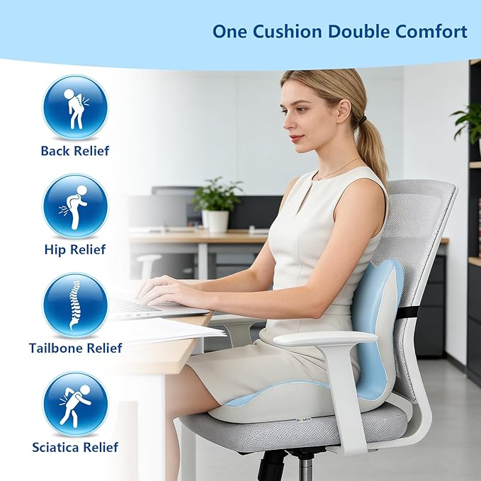 Orthopedic Memory Foam Seat Cushion with Adjustable Strap, Coccyx & Sciatica Pain Relief, Washable Non-Slip for Long Sitting, Ergonomic Posture Support for Office Chair, Car & Wheelchair (Blue Grey)
