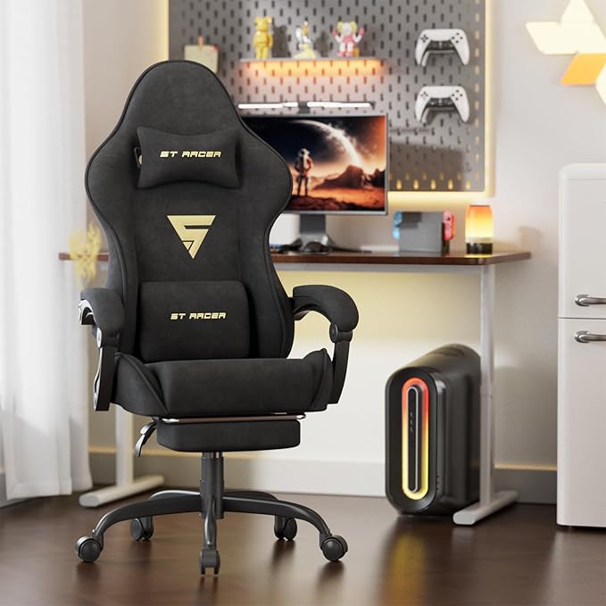Gaming Chair Racing for Adult, Office Chair with Footrest Massage Lumbar Cushion, Velvet Fabric Reclining Video Game Chairs, Ergonomic Computer Chairs Height Adjustable, for Home Streaming, Black
