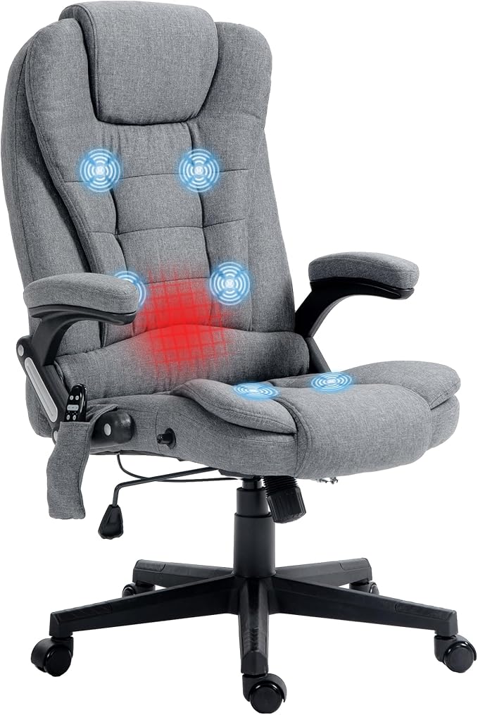 Vinsetto 6 Point Vibrating Massage Office Chair with Heat, Linen High Back Executive Office Chair with Reclining Backrest, Padded Armrests and Remote, Gray