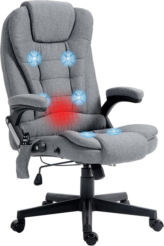 Vinsetto 6 Point Vibrating Massage Office Chair with Heat, Linen High Back Executive Office Chair with Reclining Backrest, Padded Armrests and Remote, Gray