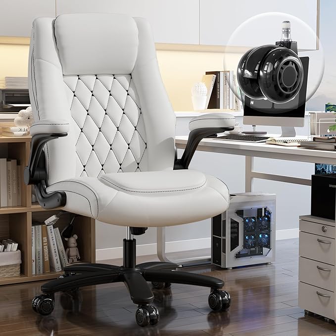 GYI Office Chair, Ergonomic Computer Desk Chair, Leather Executive Office Chair with High Back, Lumbar Support, Flip-up Arms, Wide and Thick Padded Seat, Heavy Duty Base, Rubber Wheels, White