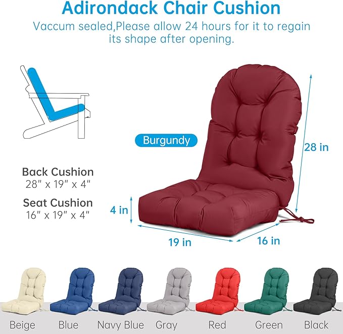 Adirondack Chair Cushion Waterproof Rocking Chair Cushion, Tufted High Back Patio Chair Cushions with Anti-Slip Ties for Rocking Chairs,Adirondack Chair,Patio Furniture (Burgundy)