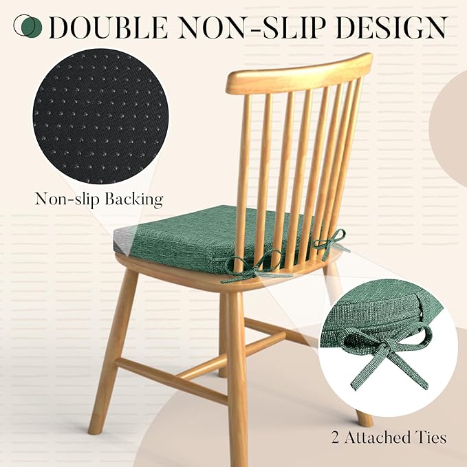 Basic Beyond Chair Cushions for Dining Chairs with Ties and Removable Cover, 2" Thick Seat Cushions for Kitchen Chairs, Set of 6, 17" x 16", Forest Green