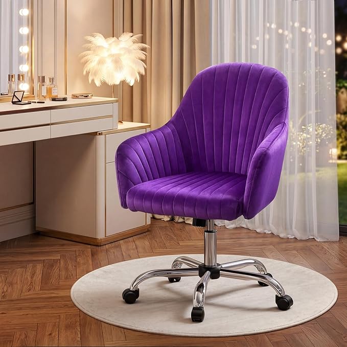 Warmiehomy Vanity Chair, Velvet Home Office Desk Chairs, Comfy Ergonomic Office Chair, Makeup Computer Chair with Arm Rest, Velvet Plum Purple