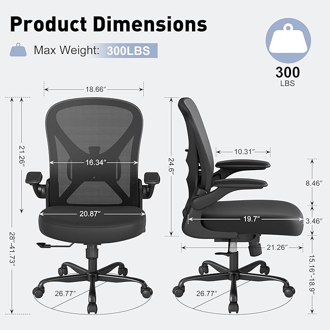 Ergonomic Mesh Office Chair, Computer Chair with Flip-Up Armrests, Adjustable Lumbar Support, Height Adjustable, Smooth Casters, and 360° Swivel, 4PC, Black