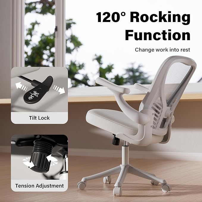 GYI Ergonomic Office Chair, Mesh Desk Chair with Adjustable Lumbar Support and 3D Flip-up Arms, Computer Chair with Wheels, All White