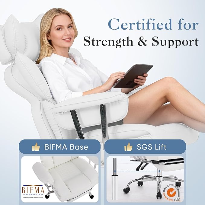 DUMOS Big and Tall Office Chair 350 LBS, Scratch-Resistant PU Leather Executive Office Desk Chair with Footrest, Ergonomic Reclining Computer Chair with Pocket Spring Support for Home Office, White