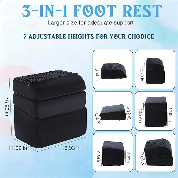Novabright Foot Rest Under Desk, 3 Height Adjustable Ergonomic Foot Stool with Gel Textured Top and Cozy Pocket, Non-Slip Foam Footrest for Office Home Car(17" X 11" X 17",Cambered,Black)