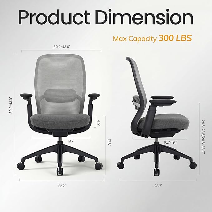 COLAMY Aether Executive Office Chair for Long Hours, One-Touch Easy Adjust Managerial Desk Chair with Levitating Seat Cushion & Pilot-Level Sync Armrests, 300 LBS Mid Back Mesh Computer Chair,Grey