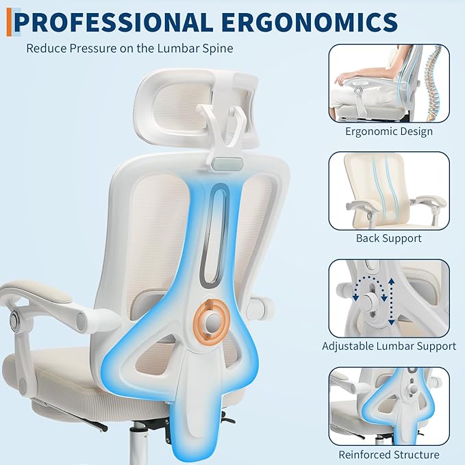 GarveeHome High Back Ergonomic Office Chair with Mesh Back, Retractable Footrest, Adjustable Headrest & Lumbar Support – Wide Computer Desk Chair with Wheels for Home Office or Bedroom, Beige