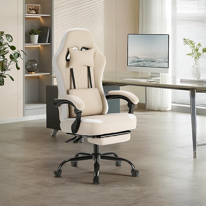 DUMOS Gaming Chair with Linkage Armrests, Video Game Chairs with Pocket Spring Cushion, Ergonomic Computer Silla Gamer Office Desk Chair with Footrest for Adults & Students, Khaki