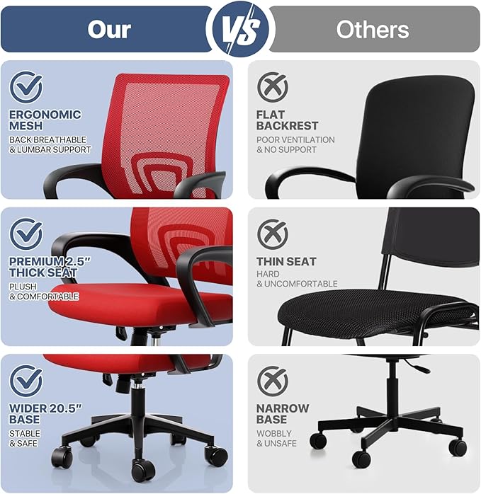 MoNiBloom Mesh Office Chair, Ergonomic Computer Chair for Adults, Rolling Swivel Mid-Back Desk Chair with Lumbar Support, Comfy Armrest for Home Office, Gaming, Red