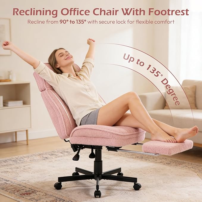 Criss Cross Chair with Wheels - Home Office Desk Chairs with Foot Rest, Morden Comfy Swivel Makeup Chair for Vanity, Ergonomic Cross Legged Office Chair with High Back & Wide Seat, Pink