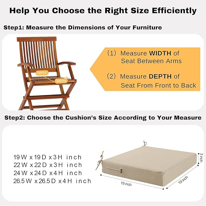 idee-home Outdoor Chair Cushions Set of 2, Waterproof Outdoor Seat Cushions for Patio Furniture, Outside Replacement Chair Pad with Ties for Lawn Deck Porch, 19 x 19 Beige