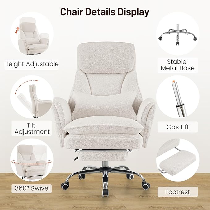 Furniliving Criss Cross Office Chair with Armrests & Wheels, Big and Tall Office Chair with Footrest, Flip Armrests for Pets, Wide Seat Cross Legged Desk Chair, Ergonomic Computer Chair, Teddy, White