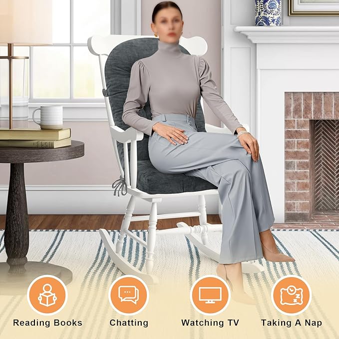 Rocking Chair Cushion - Chenille Fabric, High-Density Sponge, Durable Comfort Non-Slip Bottom Tufted Seat Pads with Ties, Chenille︱Dark Grey, 44x19x4 inch