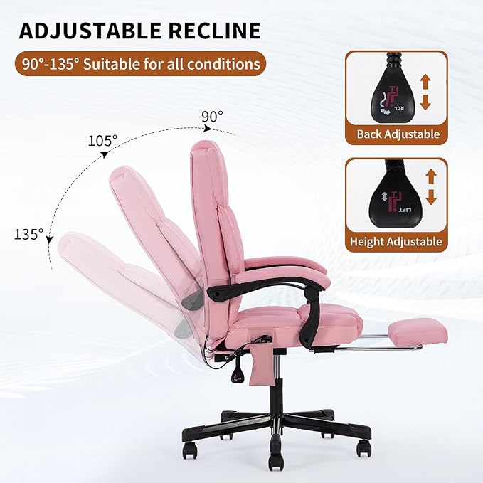 Massage Office Chair with Heat 6 Vibration Points,High Back & Heat, Executive Desk Chair,Big and Tall Office Chair 400lbs, Comfortable Ergonomic Reclining Managerial Chair, PU Leather Pink