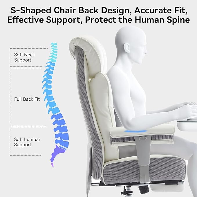Efomao Big and Tall Office Chair 400lbs - Heavy Duty Executive Desk Chair with Foot Rest & 23" Wide Seat - High Back Ergonomic Leather Computer Chair for Heavy People, Home Office, White