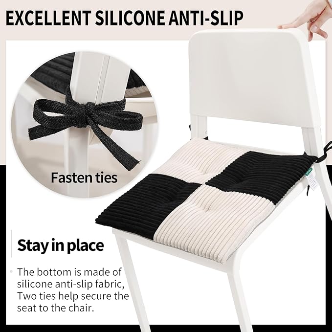 Office Stacking Chair Cushion with Ties, Corduroy High Density Foam Non-Slip Kitchen Seat Cushion, Square 17" x 17" Indoor Dining Chair Pads, Black+ White, 1 PCS