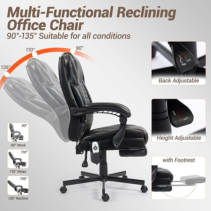 Massage Office Chair with Footrest, 6 Points Vibration Heating Executive Chair, Ergonomic Home Office Desk Chair with Linkage Armrest, Reclining Backrest, Lumbar Support, PU Leather, Black