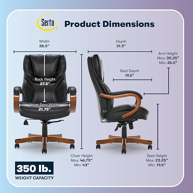 Serta Conway Big and Tall Executive Office Chair - Ergonomic Lumbar Support, Bonded Leather, Padded Armrests, High Back Computer Desk Chair, Black