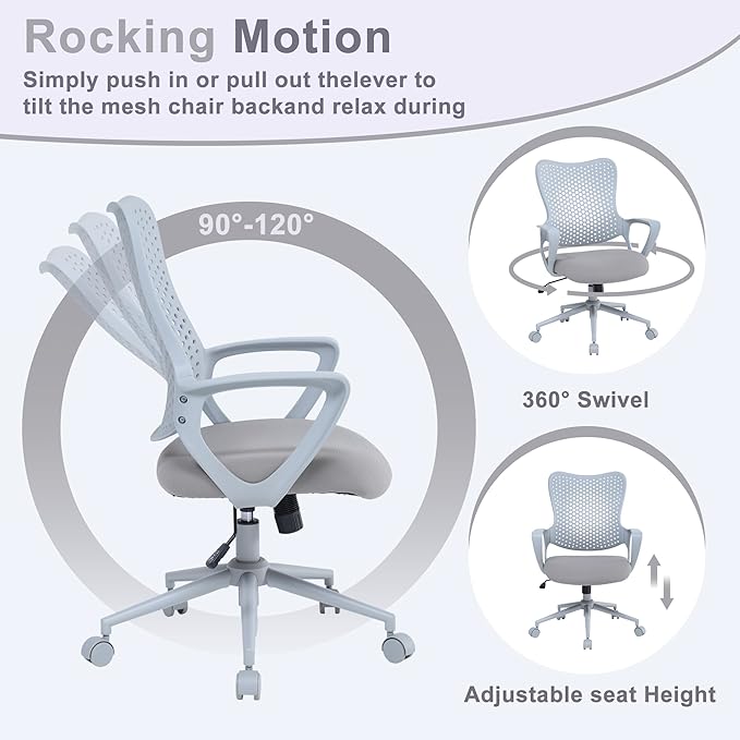 Ergonomic Office Chair, Breathable Mesh Computer Desk Chair with Armrests, Rolling Swivel Task Chair, Butterfly Back Design for Home Office, Adults and Teens (Gray)