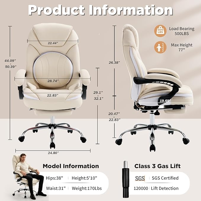 Ergonomic Fully Reclining Office Chairs with Back Support Footrest, Big and Tall Comfortable Recliner Office Desk Chair Computer Gaming Chair, Cream Beige